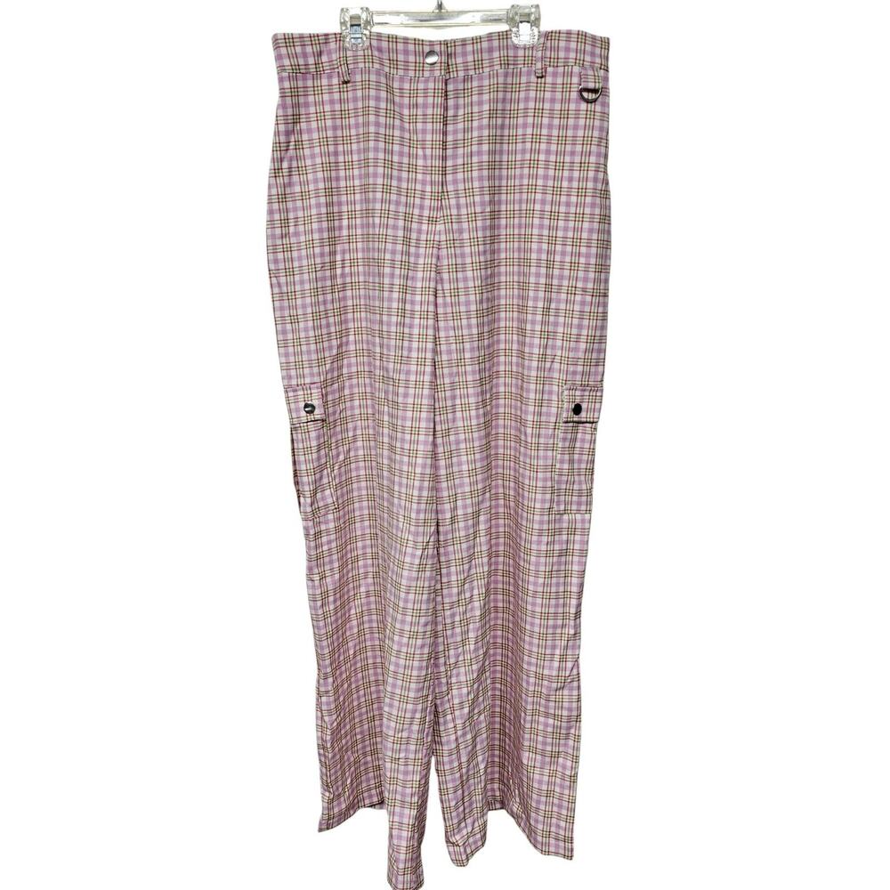 Forever 21+ Womens 1X Pink Plaid Elastic Waist Wide Leg Cargo Academia NWT